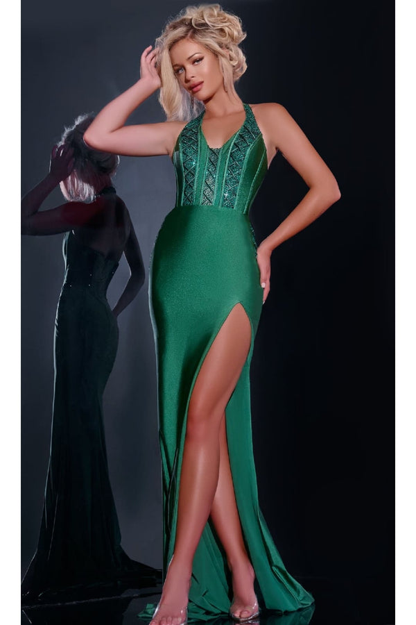 Long Hatler Prom Dress: Jovani D5034 - Emerald / 00 - Apparel & Accessories > Clothing > Dresses