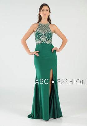 Long Beaded Slit Gown By Poly USA 7102
