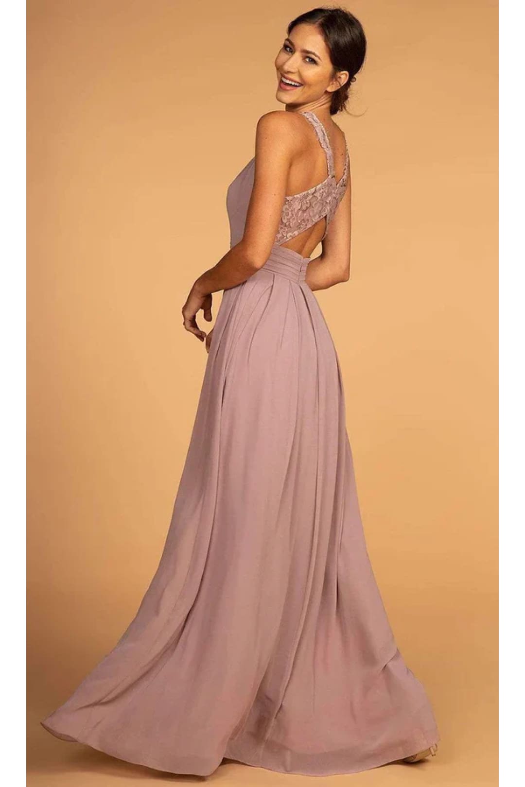 Long High-Neck Halter Dress with Lace Details by Elizabeth K GL2605 - Long Formal Dresses