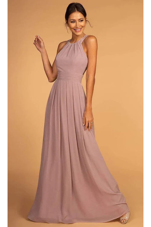 Long High-Neck Halter Dress with Lace Details by Elizabeth K GL2605 - 3XL / Mauve - Long Formal Dresses