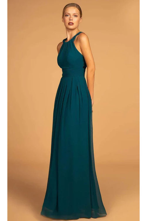 Long High-Neck Halter Dress with Lace Details by Elizabeth K GL2605 - L / Teal - Long Formal Dresses