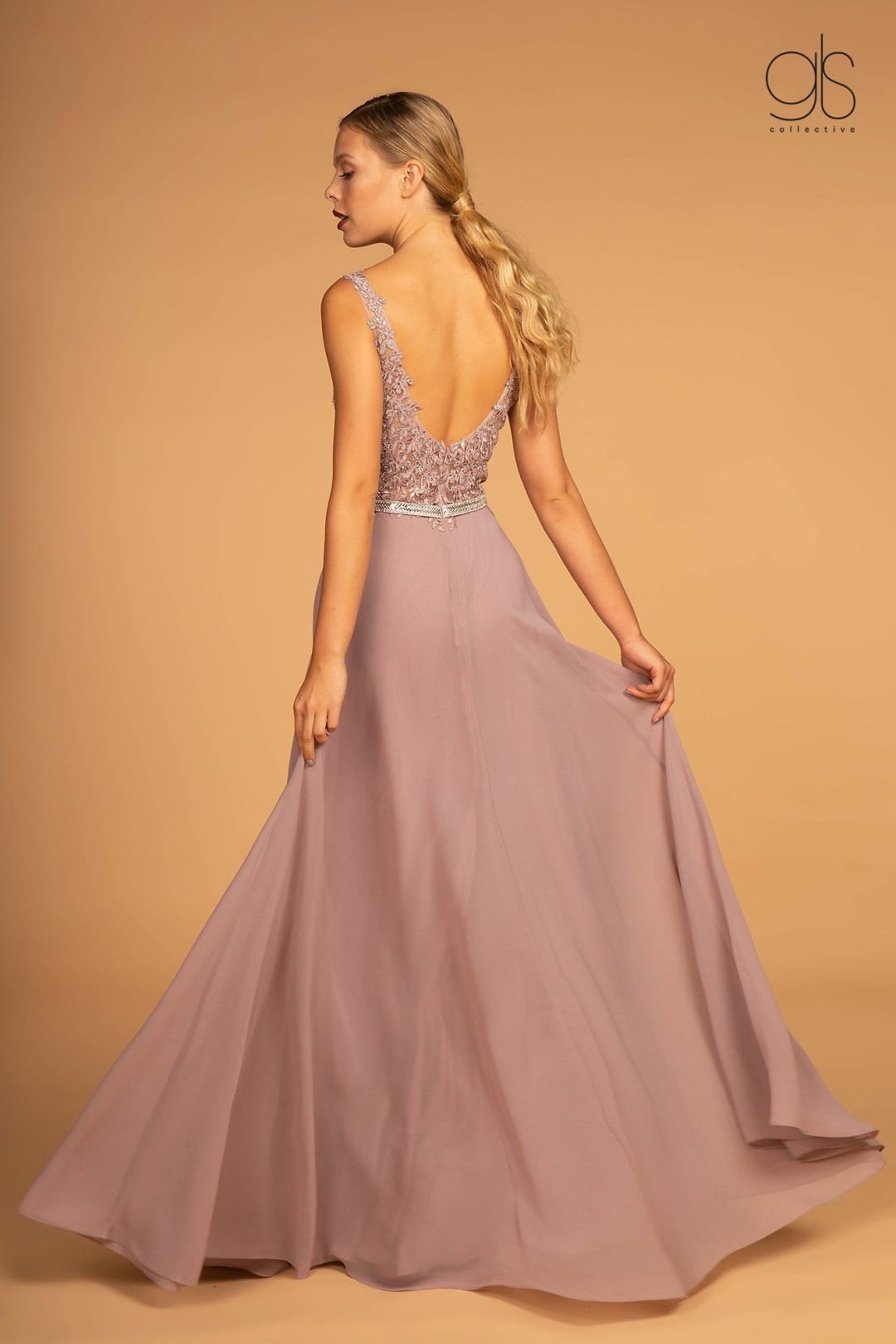 Long Illusion V-Neck Dress with Embroidered Top by Elizabeth K GL2653 - Long Formal Dresses