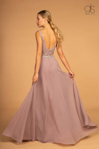 Long Illusion V-Neck Dress with Embroidered Top by Elizabeth K GL2653 - Long Formal Dresses
