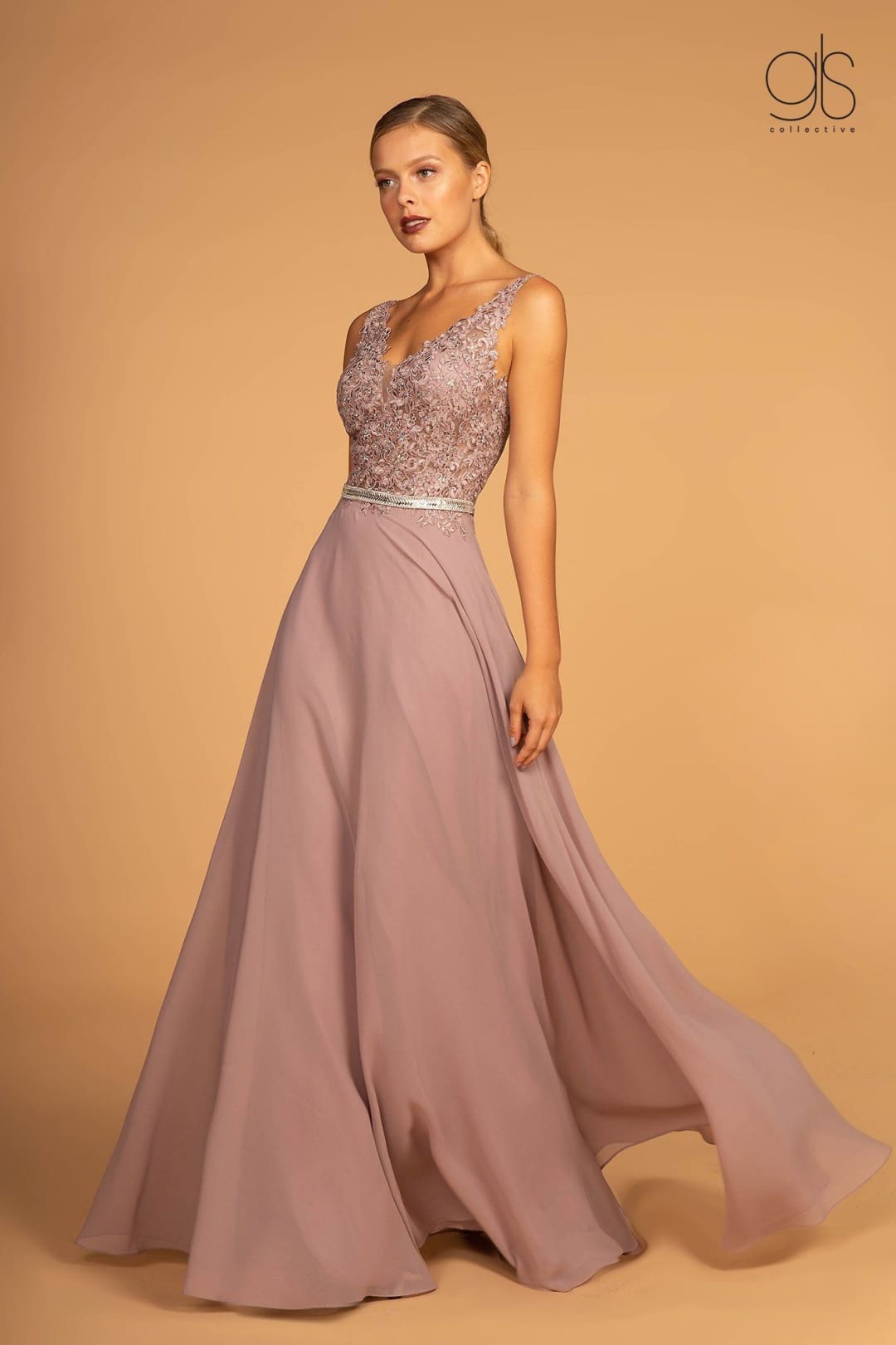 Long Illusion V-Neck Dress with Embroidered Top by Elizabeth K GL2653 - Long Formal Dresses