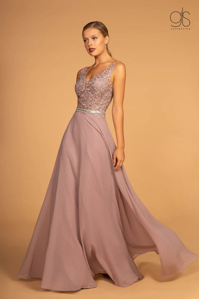 Long Illusion V-Neck Dress with Embroidered Top by Elizabeth K GL2653 - Long Formal Dresses