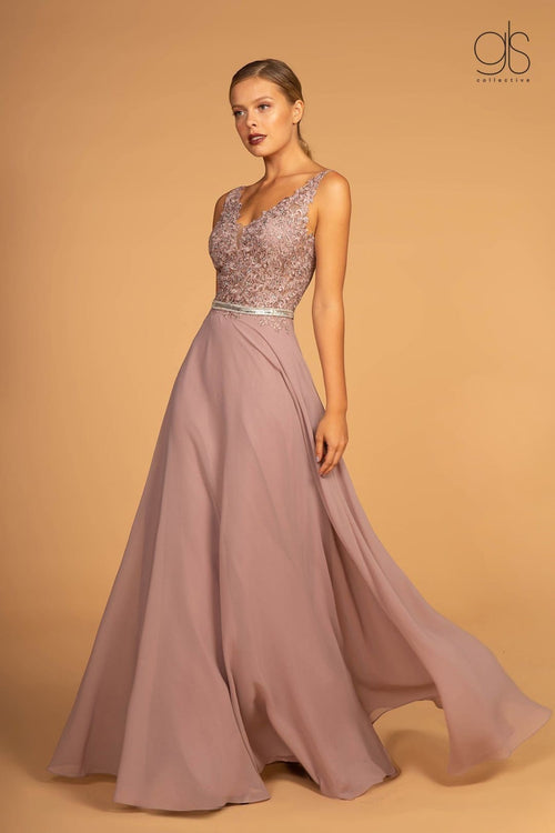 Long Illusion V-Neck Dress with Embroidered Top by Elizabeth K GL2653 - Long Formal Dresses