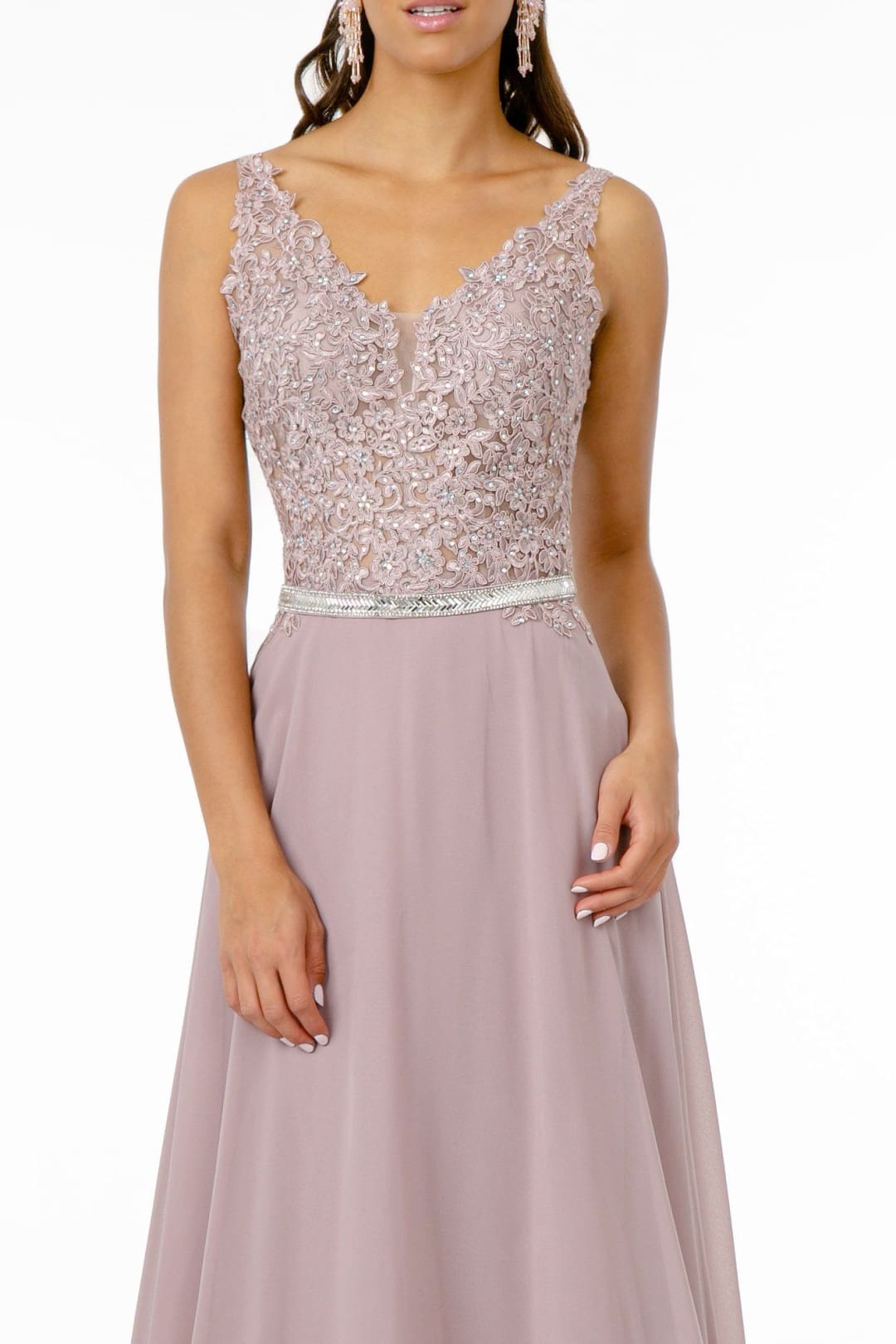 Long Illusion V-Neck Dress with Embroidered Top by Elizabeth K GL2653 - Long Formal Dresses