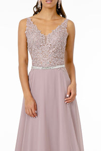 Long Illusion V-Neck Dress with Embroidered Top by Elizabeth K GL2653 - Long Formal Dresses