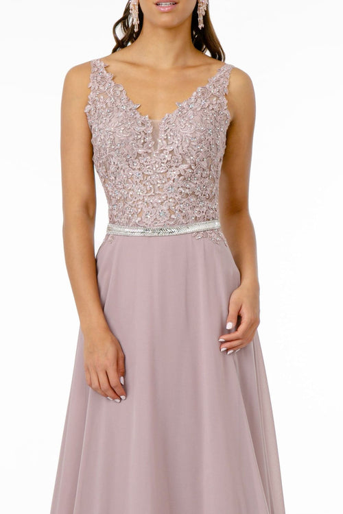Long Illusion V-Neck Dress with Embroidered Top by Elizabeth K GL2653 - Long Formal Dresses