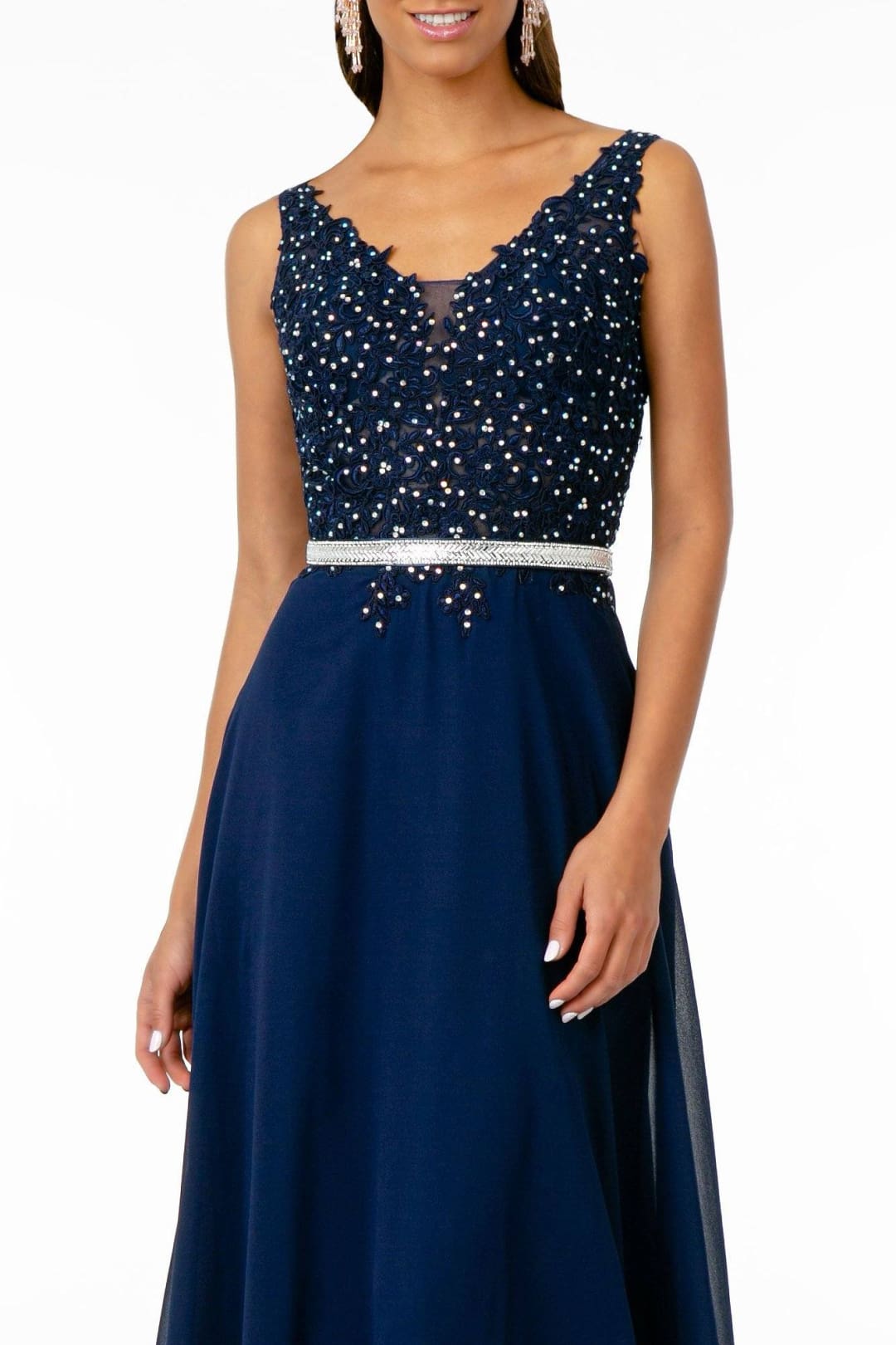 Long Illusion V-Neck Dress with Embroidered Top by Elizabeth K GL2653 - Long Formal Dresses