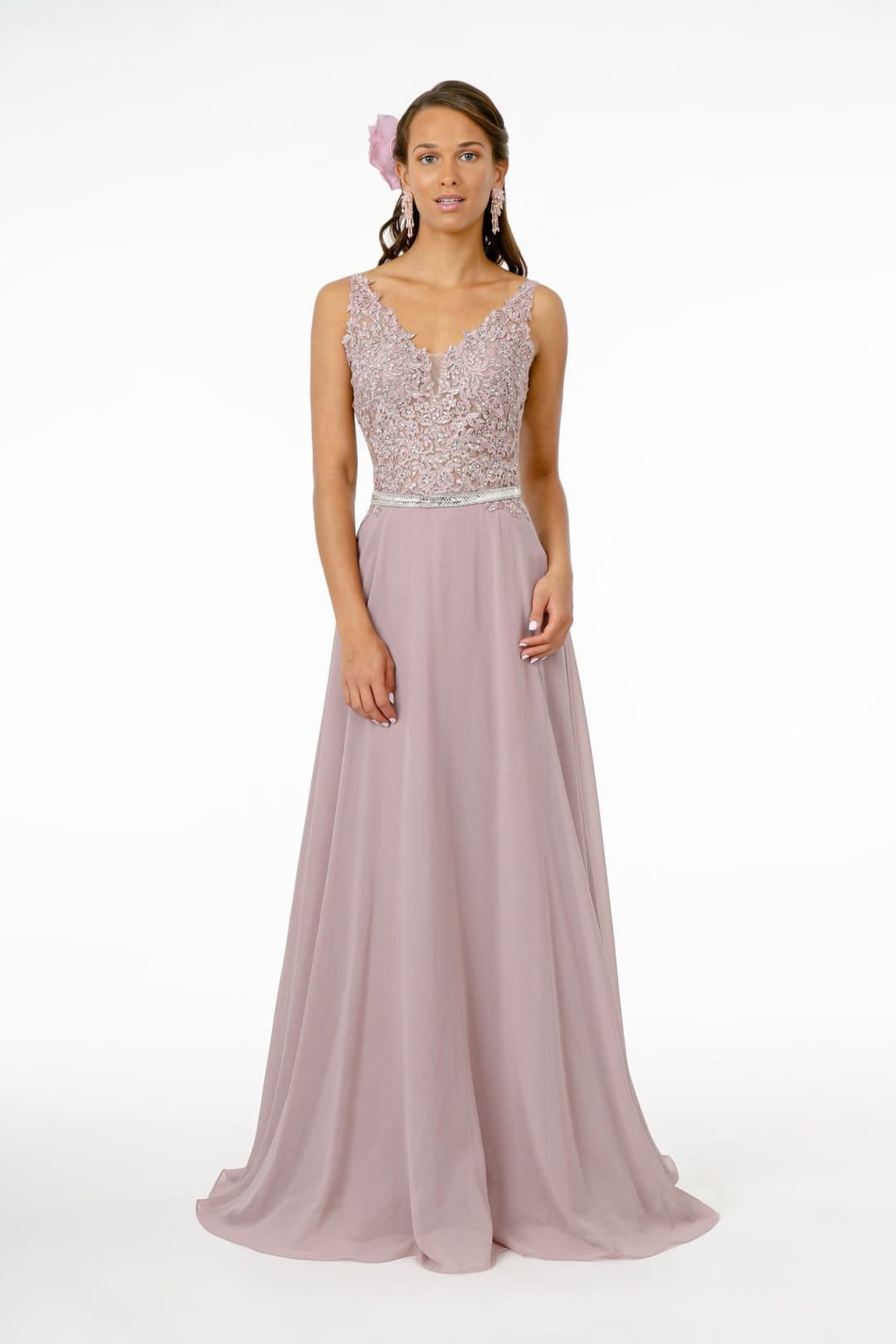 Long Illusion V-Neck Dress with Embroidered Top by Elizabeth K GL2653 - XS / Mauve - Long Formal Dresses