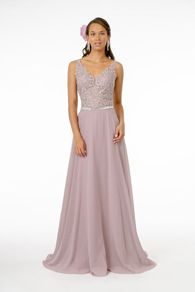 Long Illusion V-Neck Dress with Embroidered Top by Elizabeth K GL2653 - XS / Mauve - Long Formal Dresses