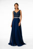 Long Illusion V-Neck Dress with Embroidered Top by Elizabeth K GL2653 - XS / Navy - Long Formal Dresses