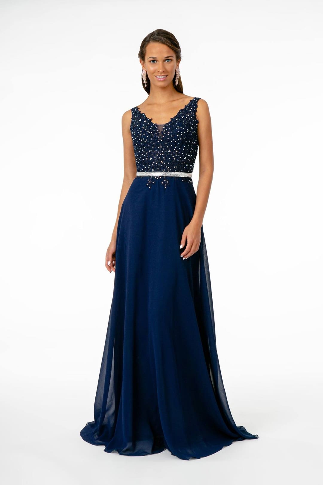 Long Illusion V-Neck Dress with Embroidered Top by Elizabeth K GL2653 - XS / Navy - Long Formal Dresses