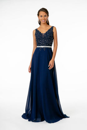 Long Illusion V-Neck Dress by Elizabeth KGL2653