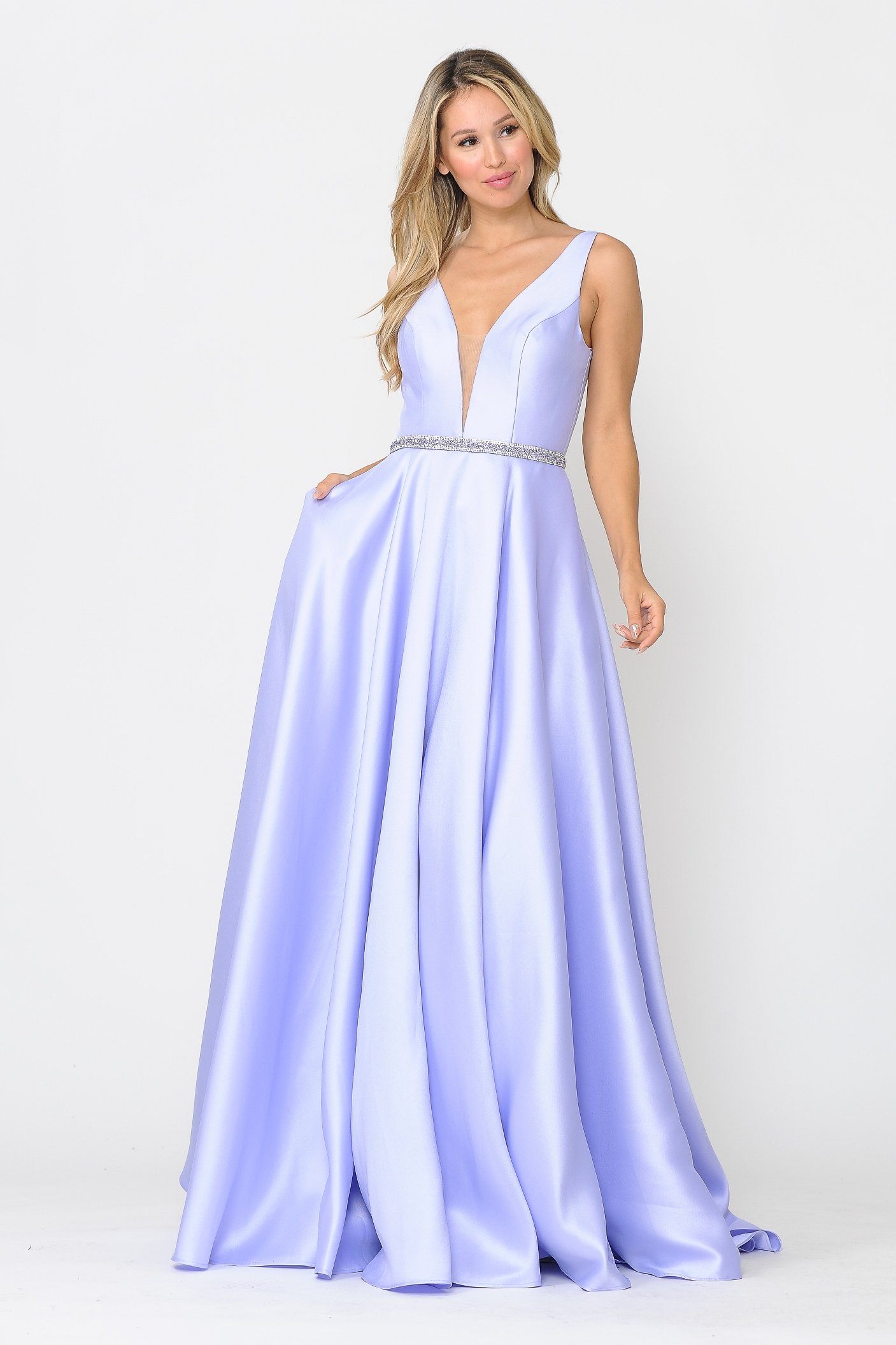Poly USA 8682 Long Illusion V-Neck Mikado Dress