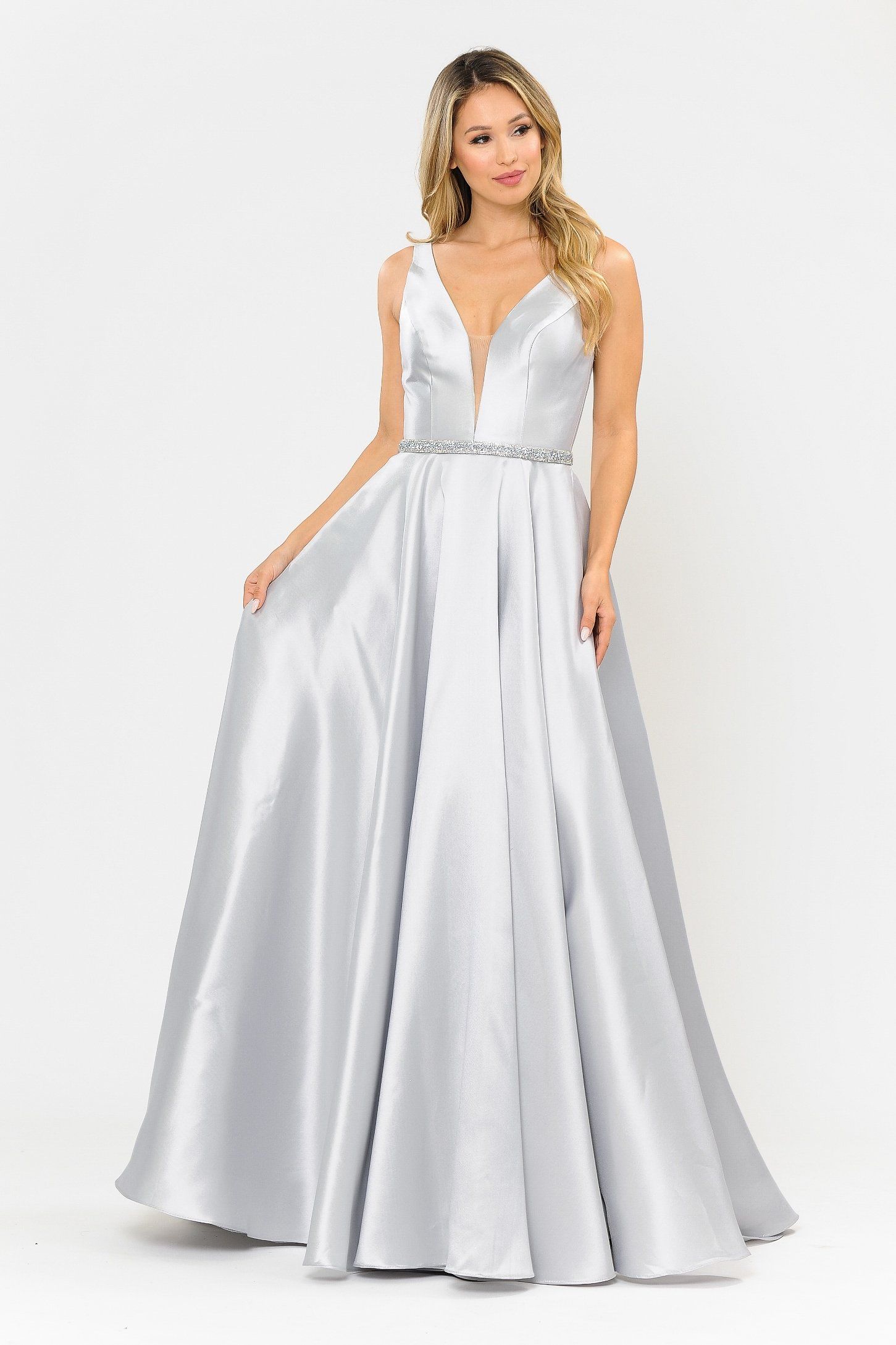 Poly USA 8682 Long Illusion V-Neck Mikado Dress