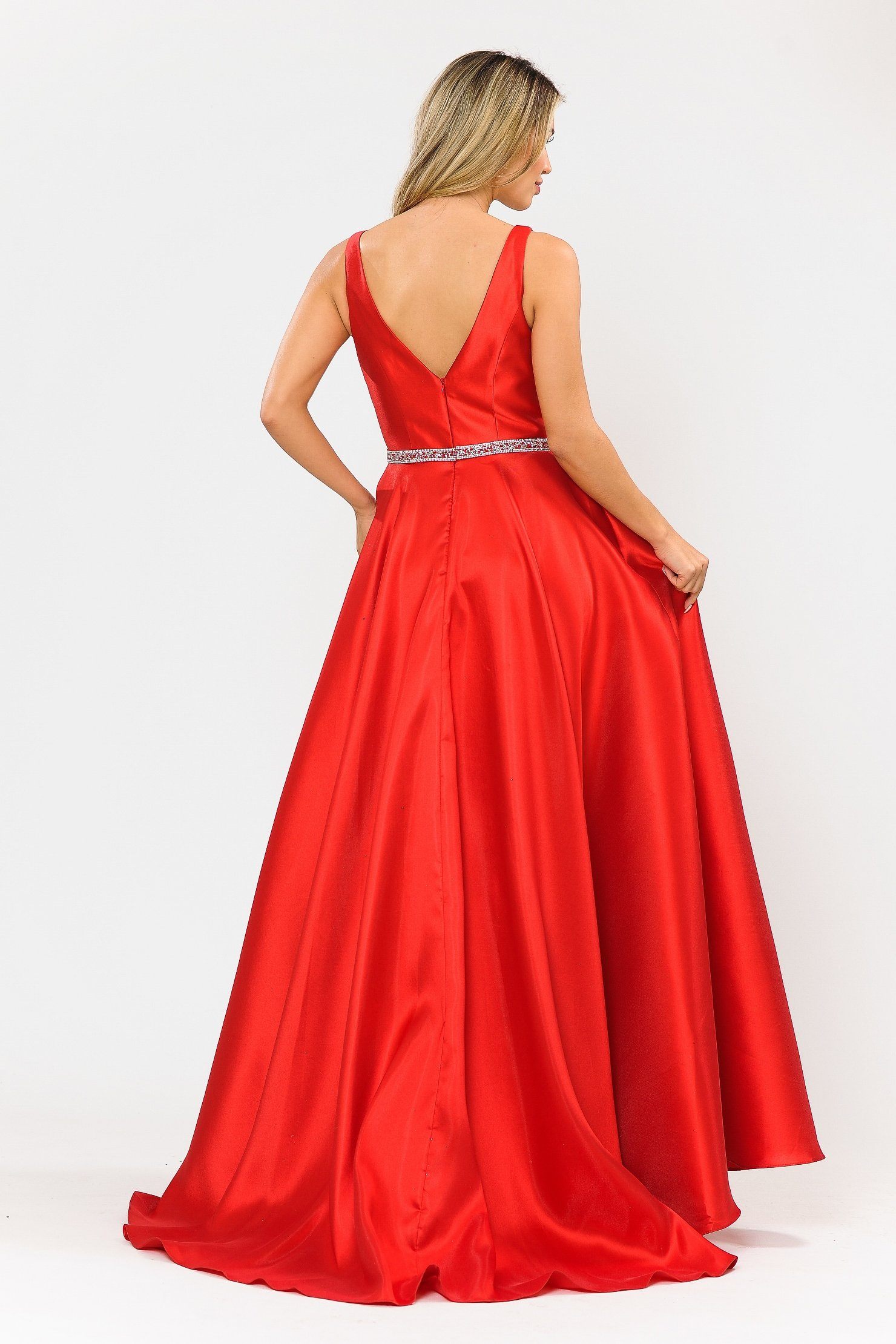 Poly USA 8682 Long Illusion V-Neck Mikado Dress