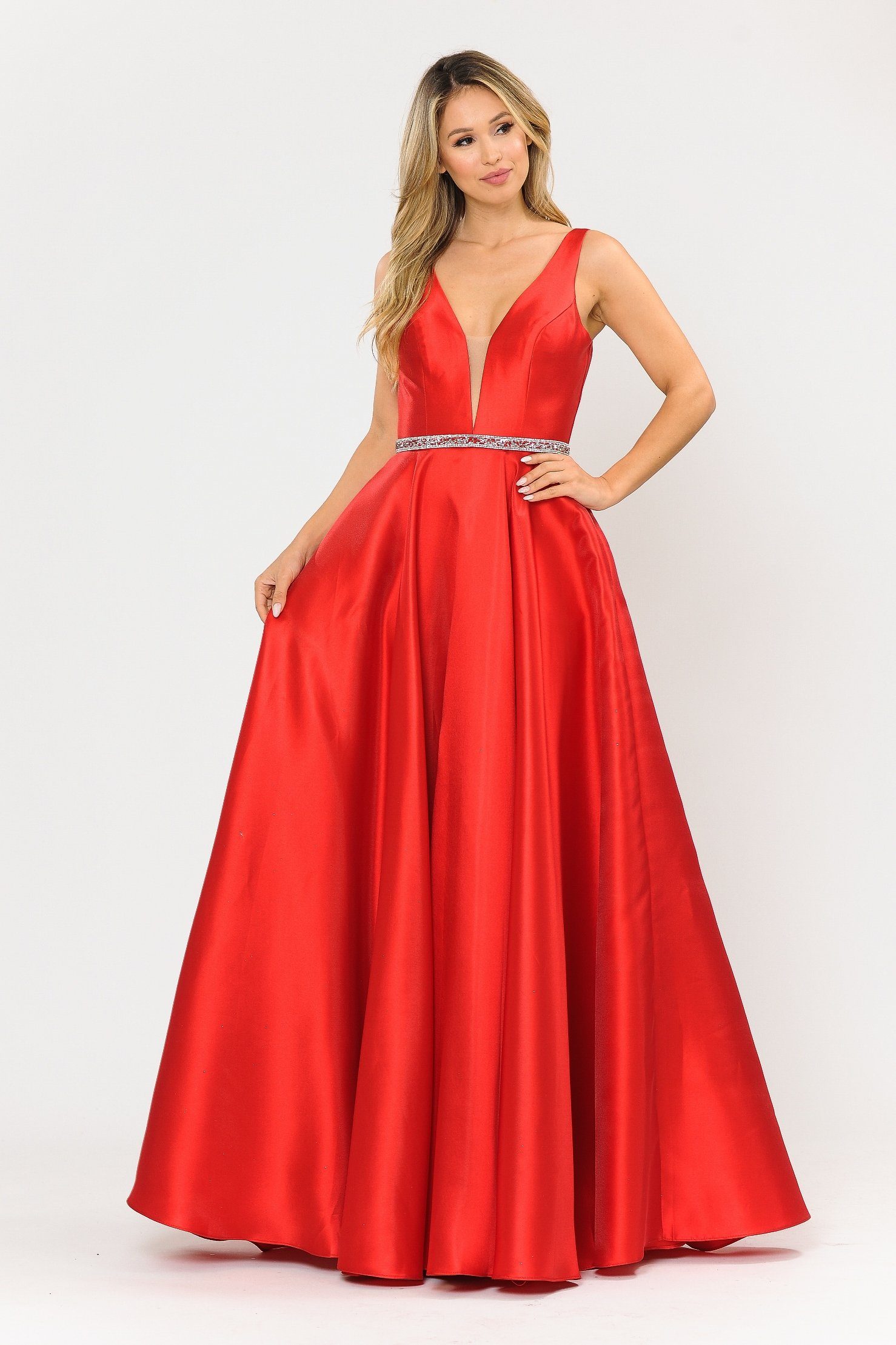 Poly USA 8682 Long Illusion V-Neck Mikado Dress