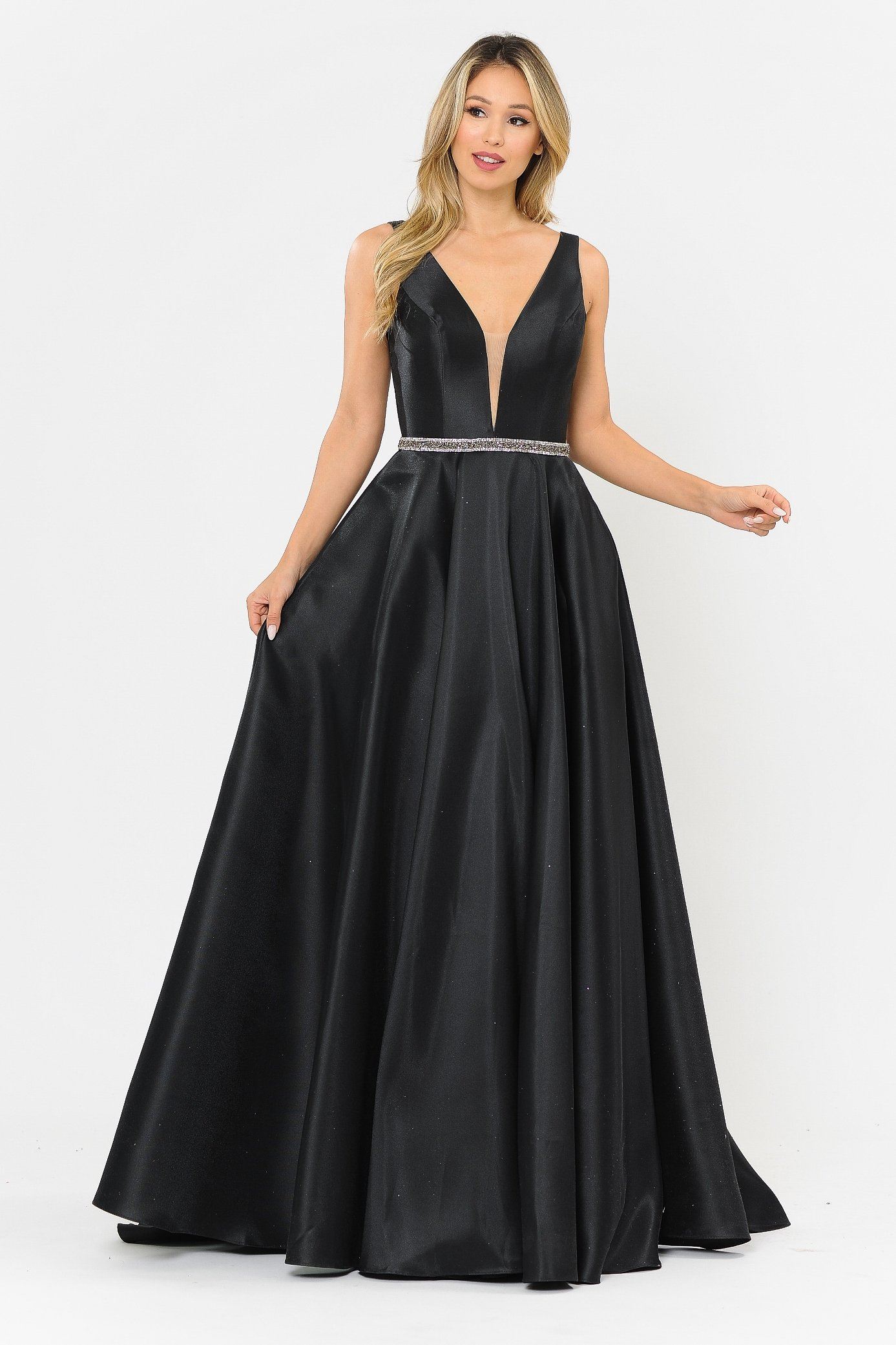 Poly USA 8682 Long Illusion V-Neck Mikado Dress