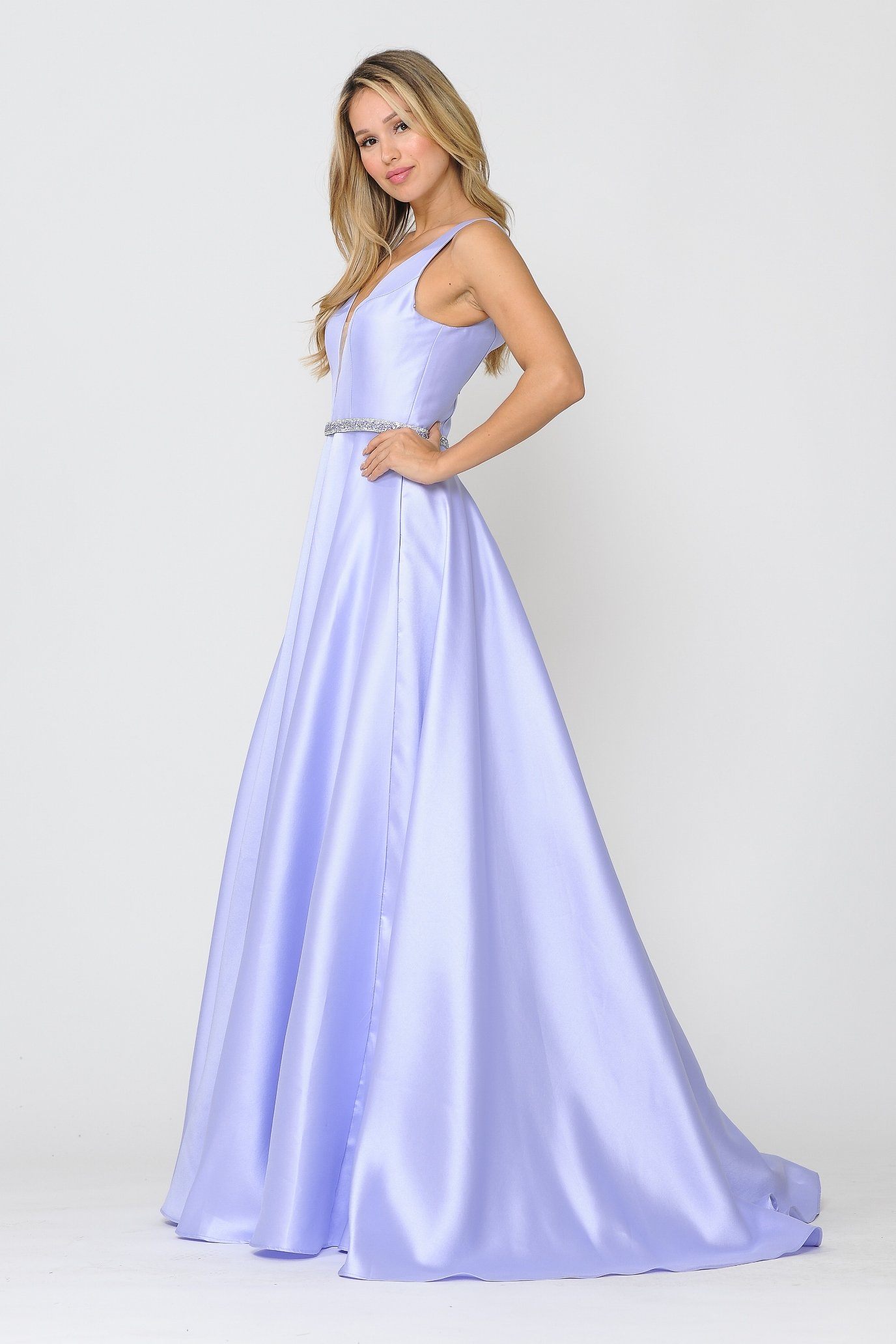 Poly USA 8682 Long Illusion V-Neck Mikado Dress