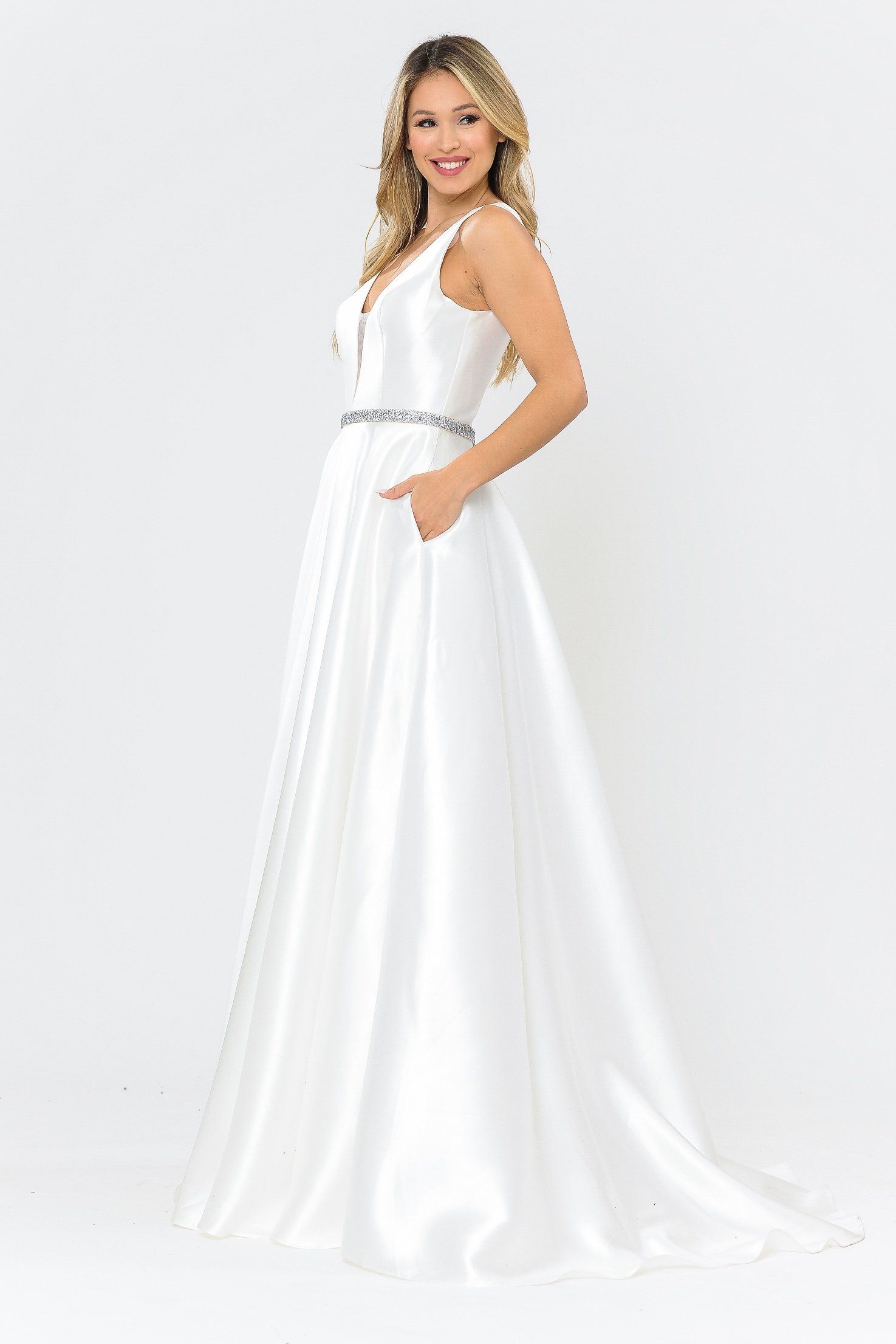 Poly USA 8682 Long Illusion V-Neck Mikado Dress