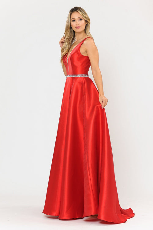 Poly USA 8682 Long Illusion V-Neck Mikado Dress