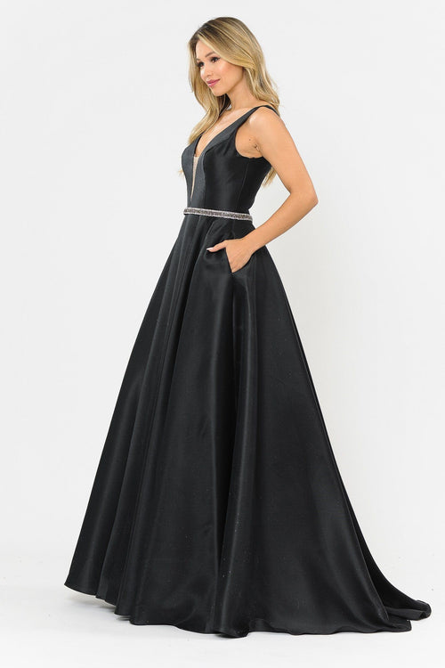 Poly USA 8682 Long Illusion V-Neck Mikado Dress