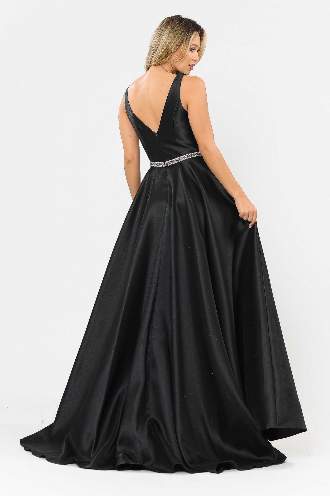 Poly USA 8682 Long Illusion V-Neck Mikado Dress