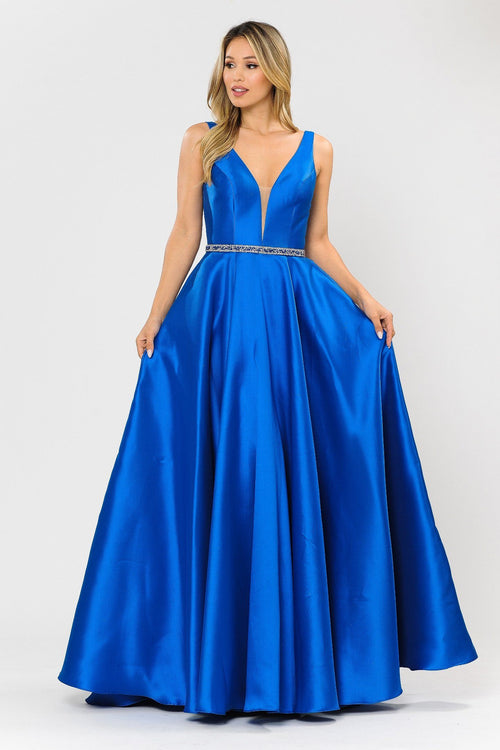 Poly USA 8682 Long Illusion V-Neck Mikado Dress