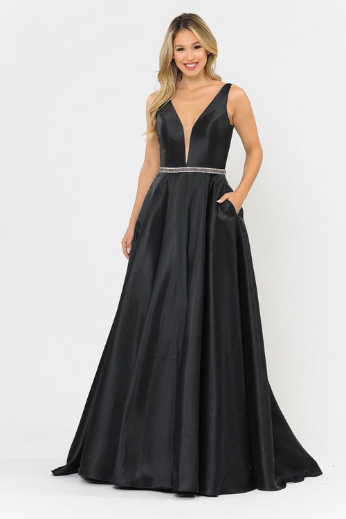 Poly USA 8682 Long Illusion V-Neck Mikado Dress