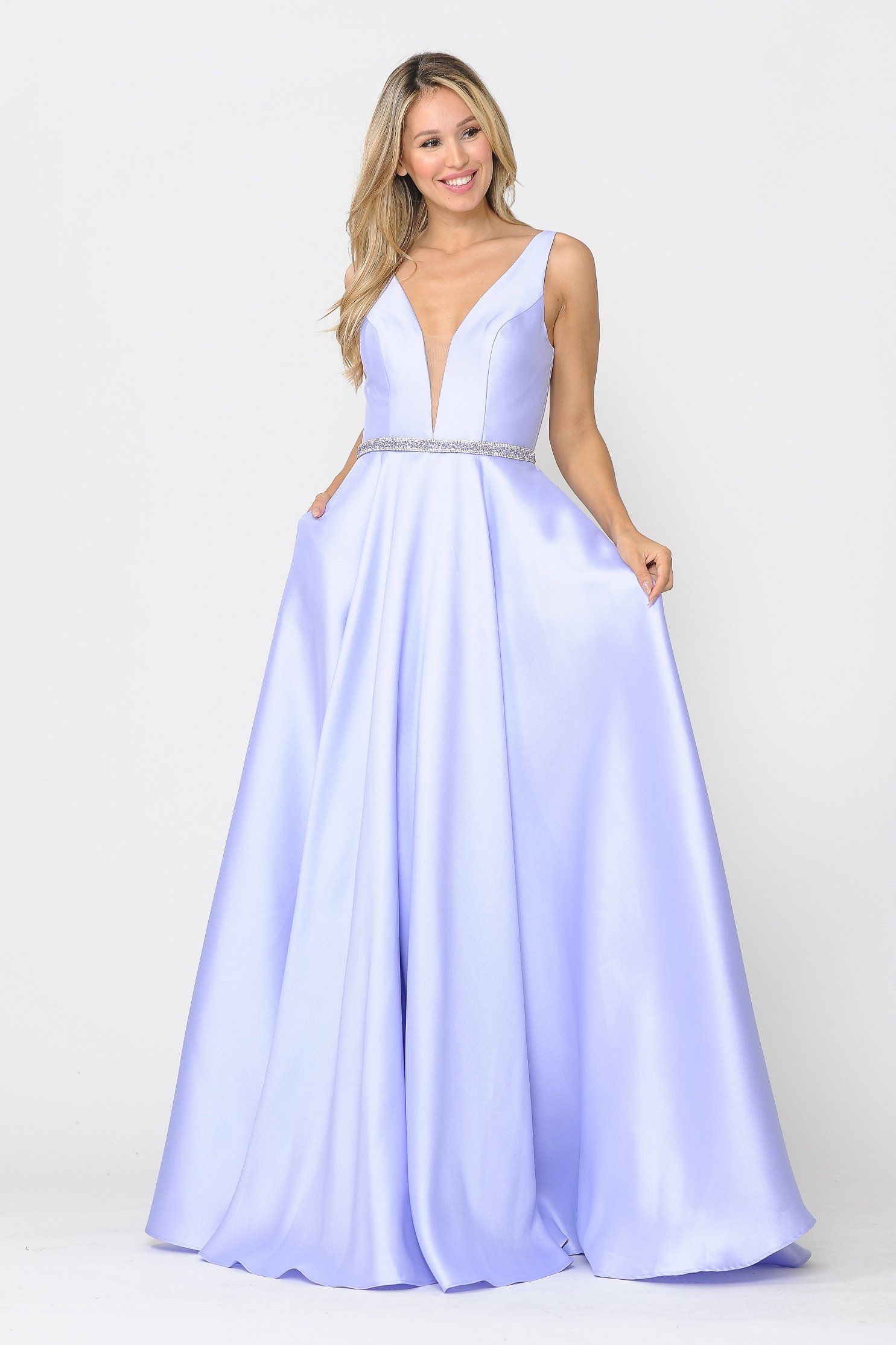 Poly USA 8682 Long Illusion V-Neck Mikado Dress