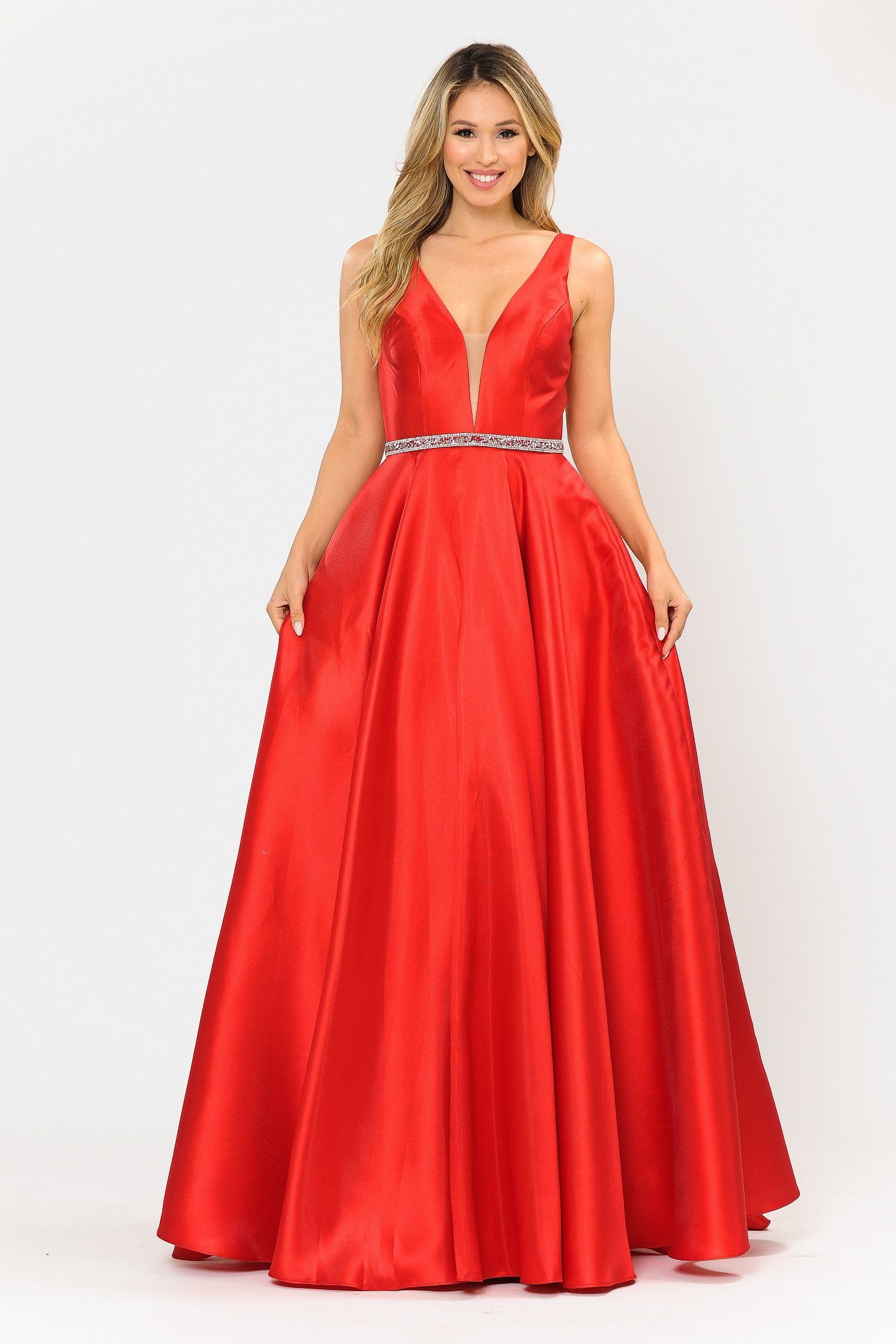 Poly USA 8682 Long Illusion V-Neck Mikado Dress