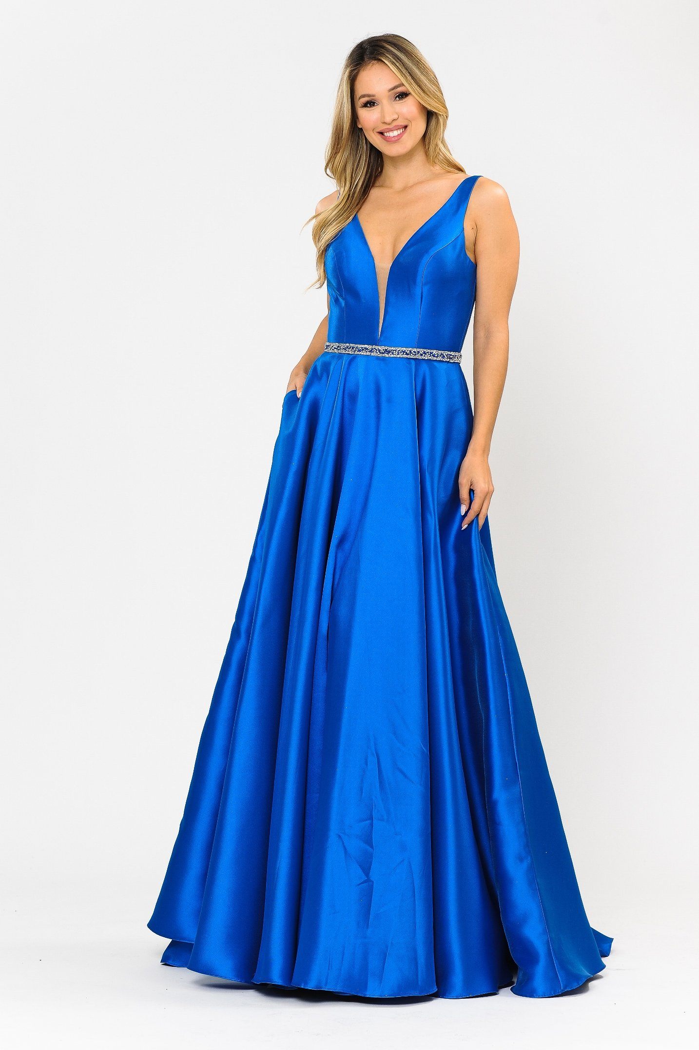 Poly USA 8682 Long Illusion V-Neck Mikado Dress
