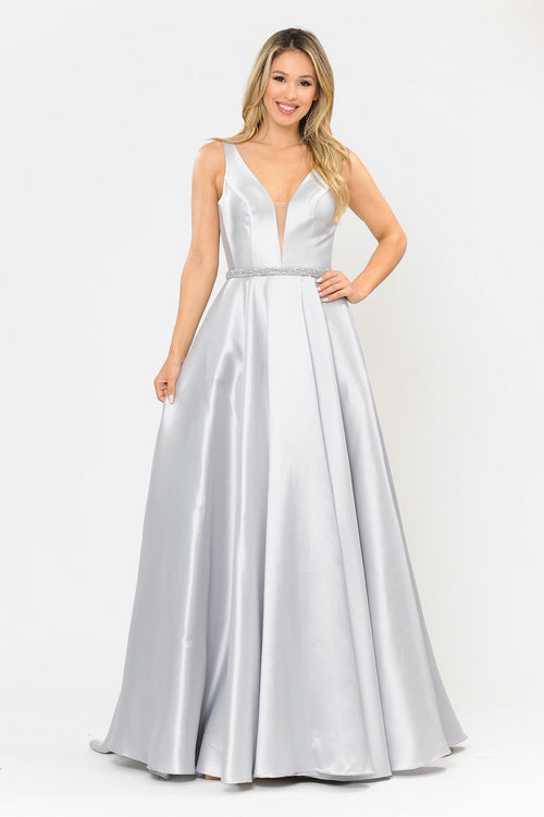 Poly USA 8682 Long Illusion V-Neck Mikado Dress