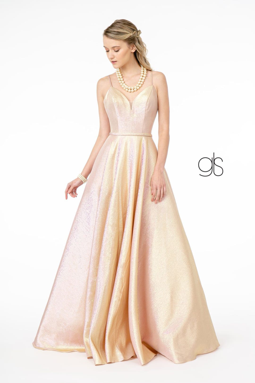 Long Iridescent Glitter Dress with Corset Back by Elizabeth K GL2951 - XS / Rose Gold - Long Formal Dresses