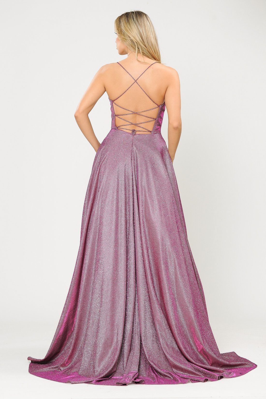 Poly USA 8574 Long Iridescent Glitter Dress with Open Corset Back
