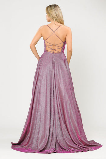 Poly USA 8574 Long Iridescent Glitter Dress with Open Corset Back