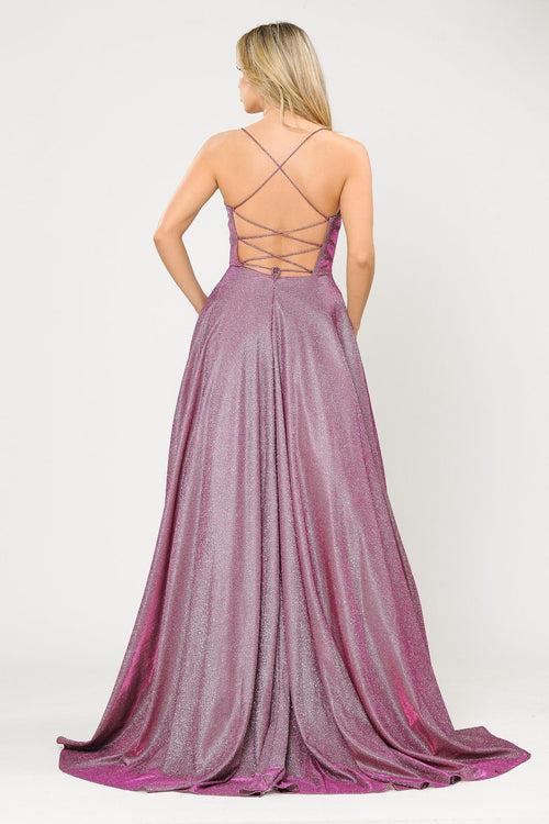 Poly USA 8574 Long Iridescent Glitter Dress with Open Corset Back