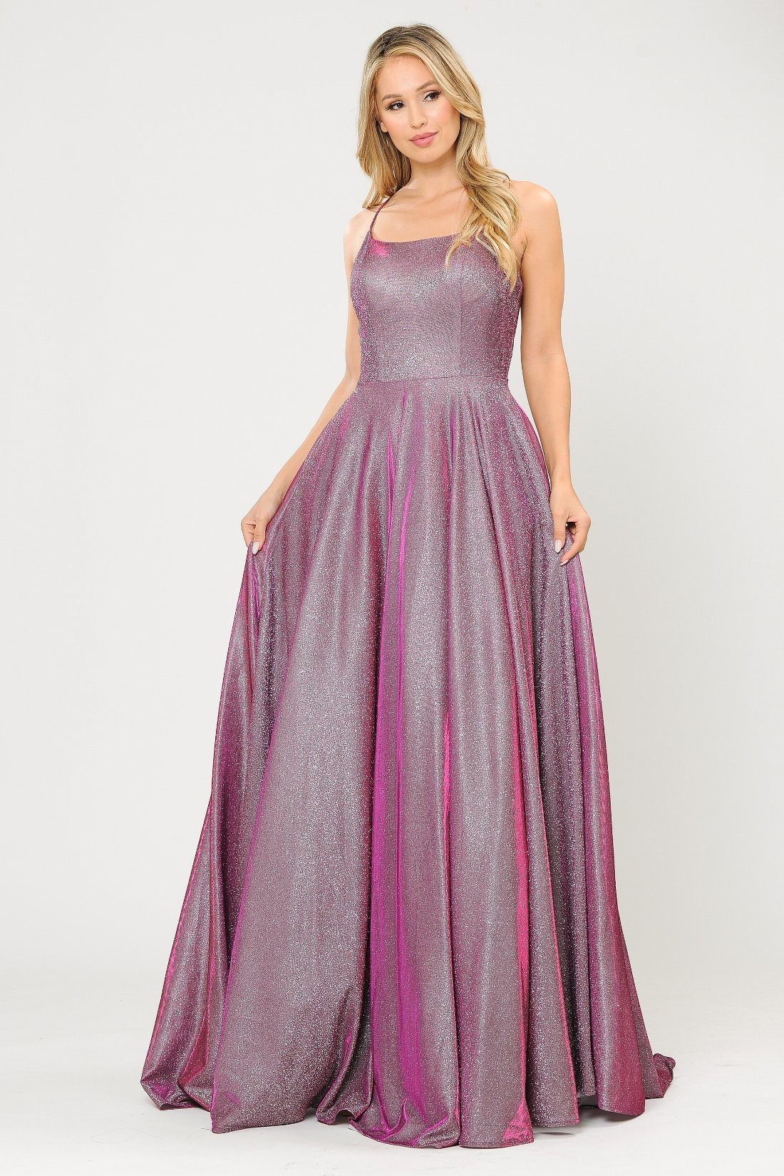 Poly USA 8574 Long Iridescent Glitter Dress with Open Corset Back