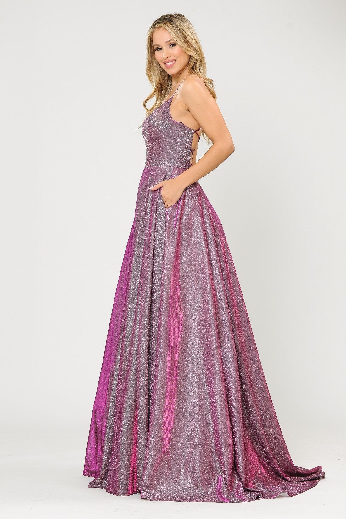 Poly USA 8574 Long Iridescent Glitter Dress with Open Corset Back