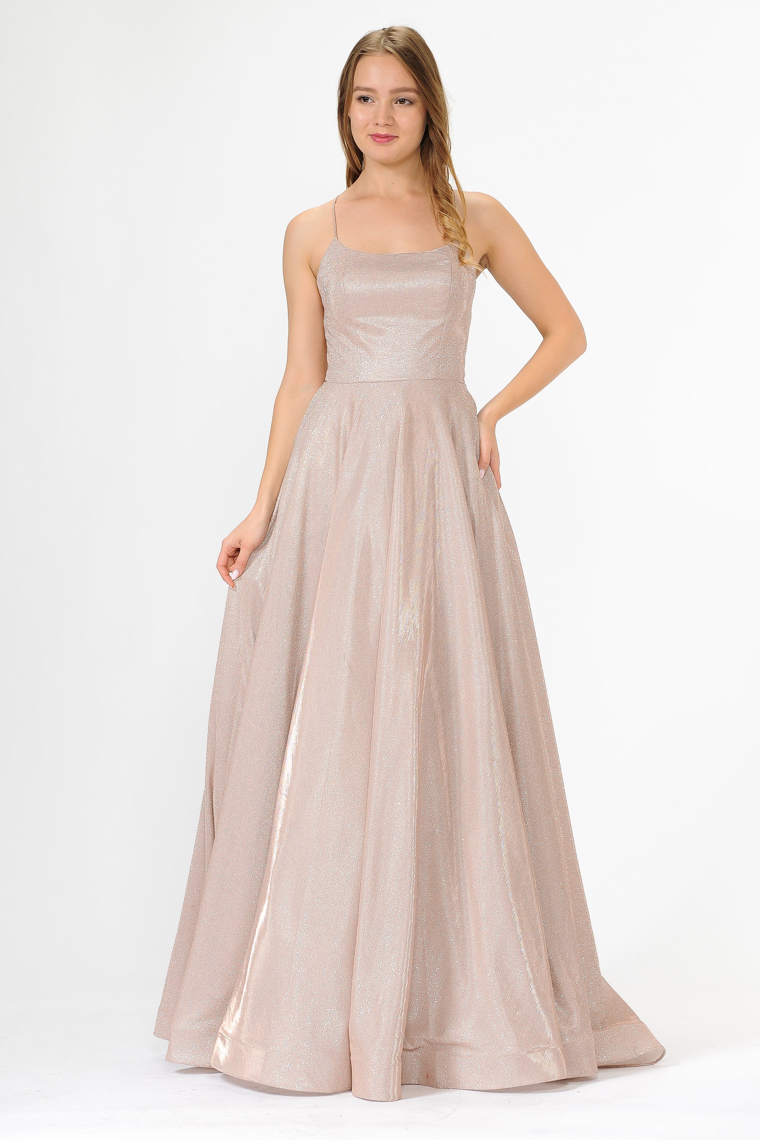 Poly USA 8574 Long Iridescent Glitter Dress with Open Corset Back