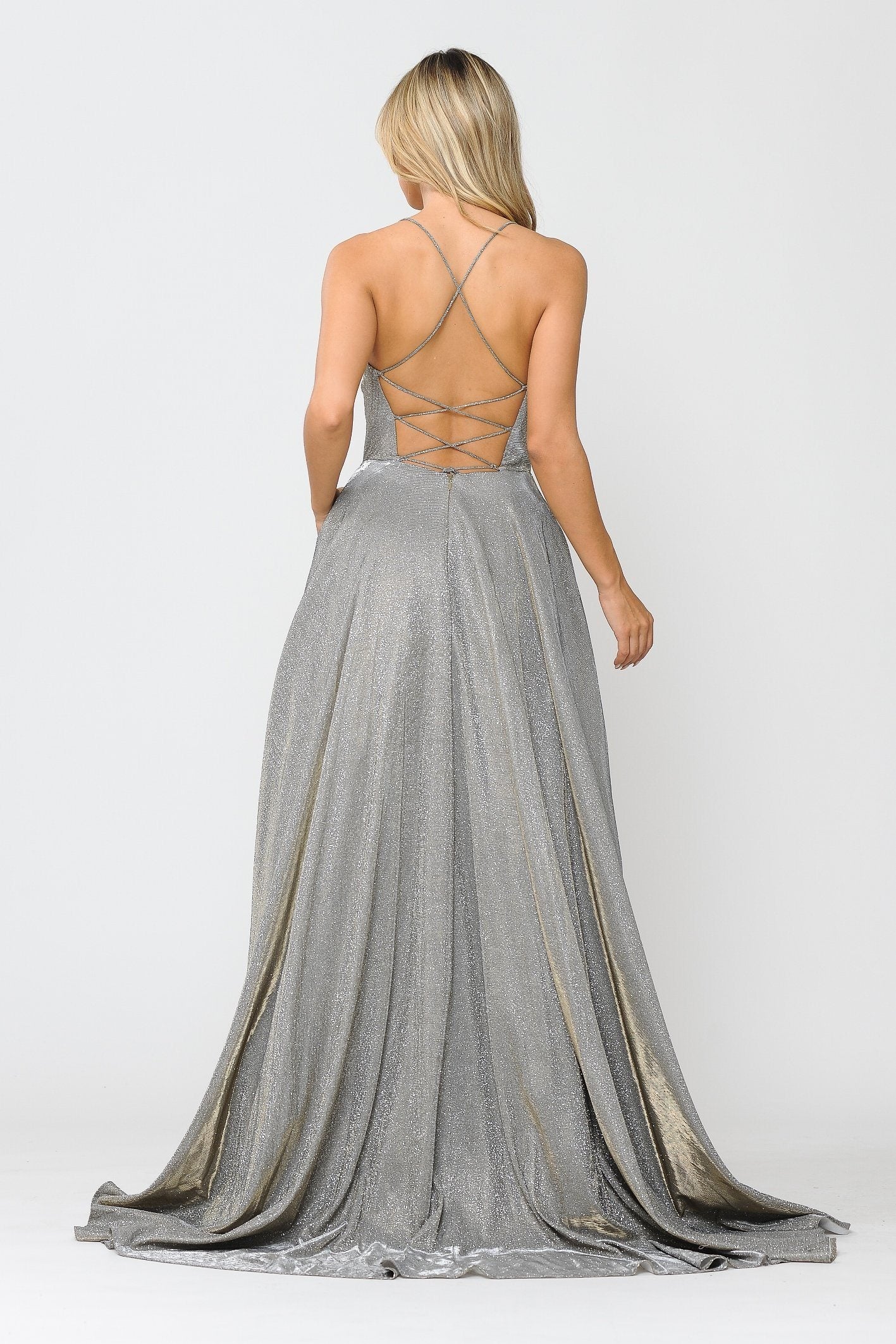 Poly USA 8574 Long Iridescent Glitter Dress with Open Corset Back