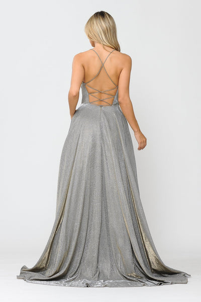 Poly USA 8574 Long Iridescent Glitter Dress with Open Corset Back