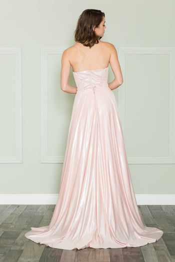 Poly USA 8766 Long Iridescent Lace-Up Back Dress