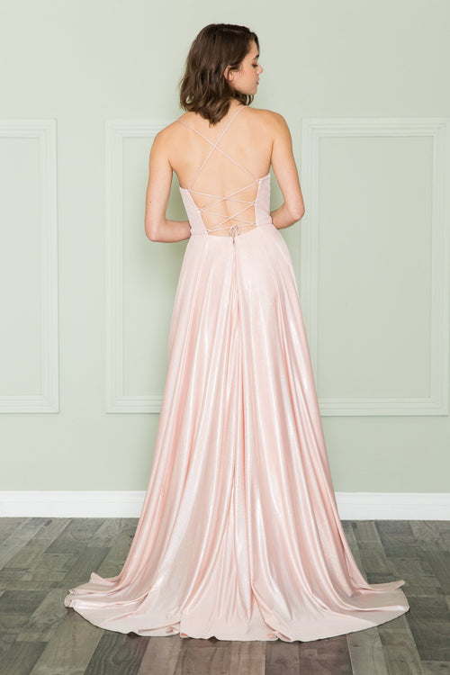 Poly USA 8766 Long Iridescent Lace-Up Back Dress