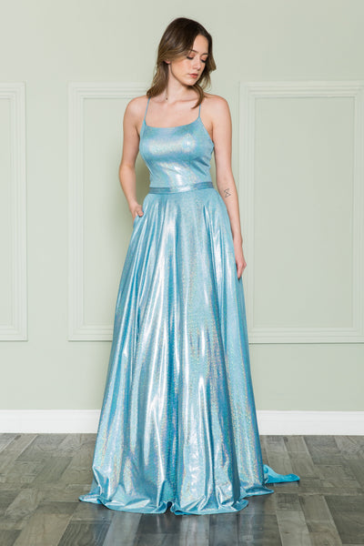 Poly USA 8766 Long Iridescent Lace-Up Back Dress