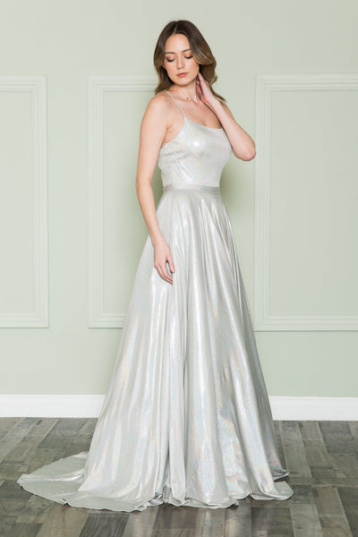 Poly USA 8766 Long Iridescent Lace-Up Back Dress