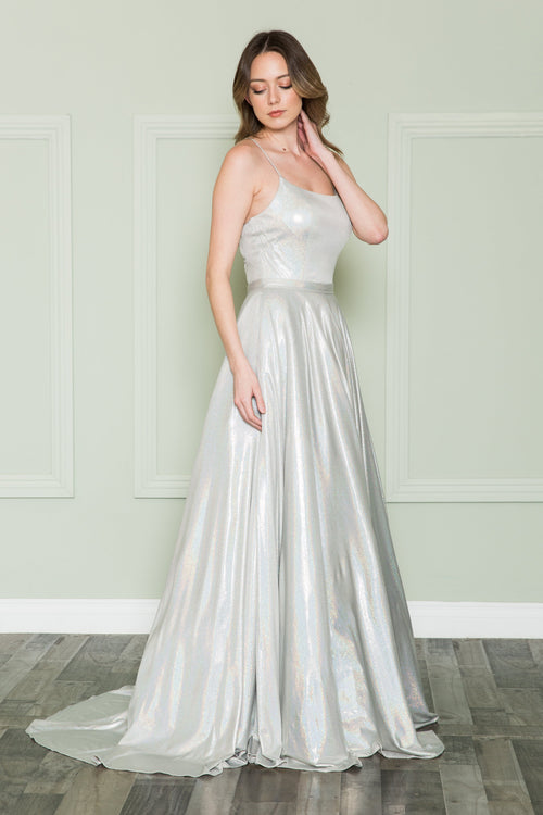 Poly USA 8766 Long Iridescent Lace-Up Back Dress