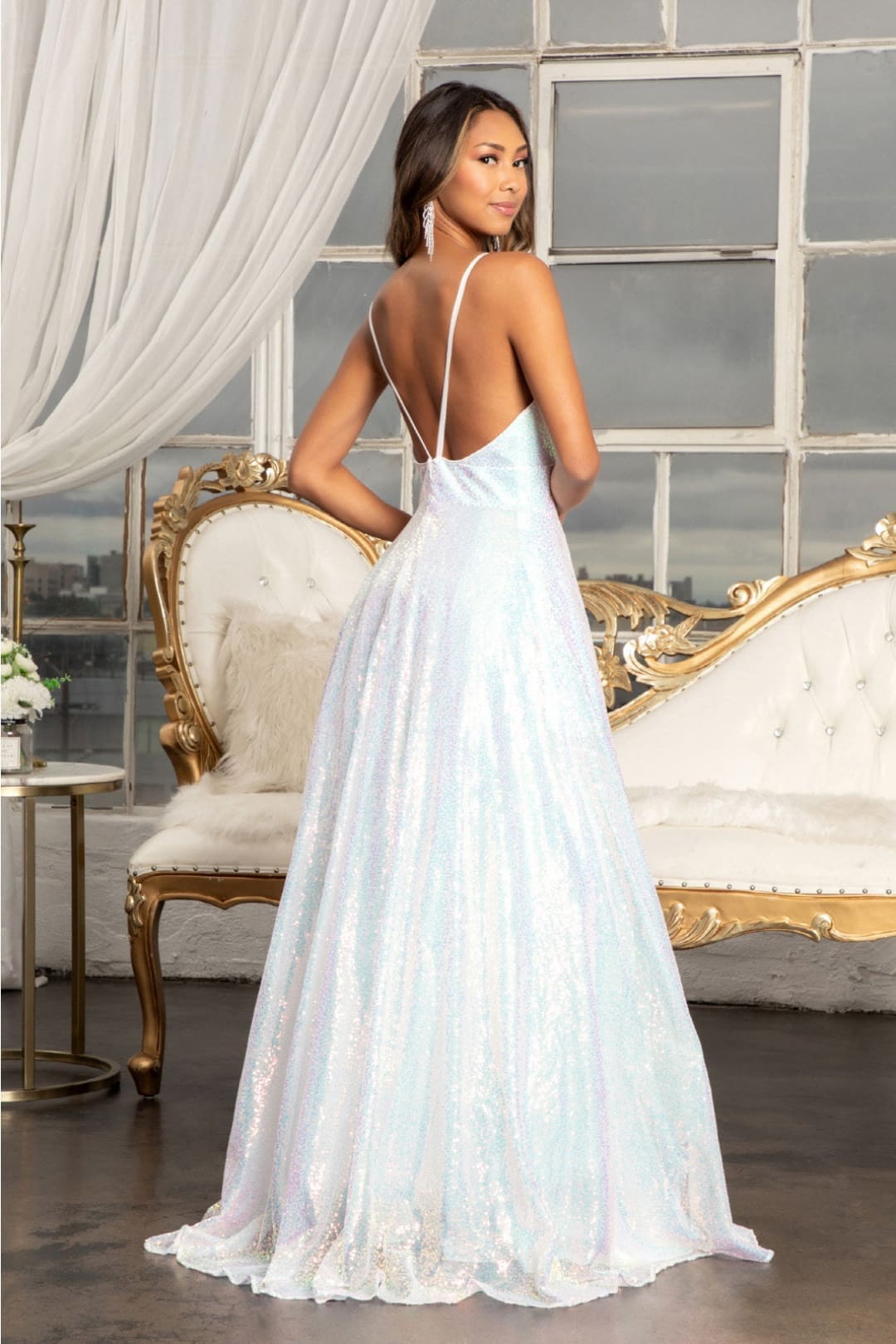 Long Iridescent Sequin Slit Dress by Elizabeth K GL3028 - Long Formal Dresses